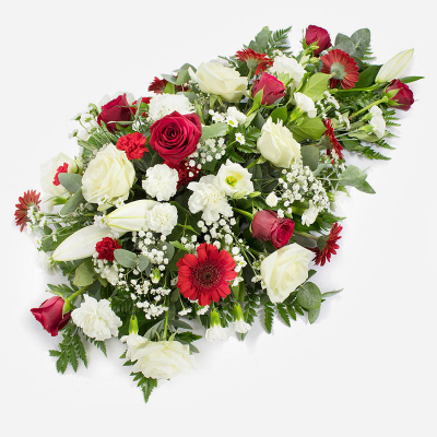 Single Ended Spray SYM-301 - Red & White Single Ended Spray. A beautiful classic arrangement to send for a funeral. Approx size 75cm long and 45cm wide. 