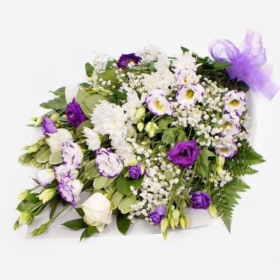 Funeral Flowers SYM-335 - Funeral Flowers in Cellophane Purple & White. 
